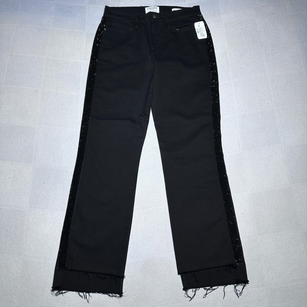 NEW FRAME Le High Straight Jeans Womens 28 Glitter Velour Stripe Raw Hem Black - Picture 1 of 15
